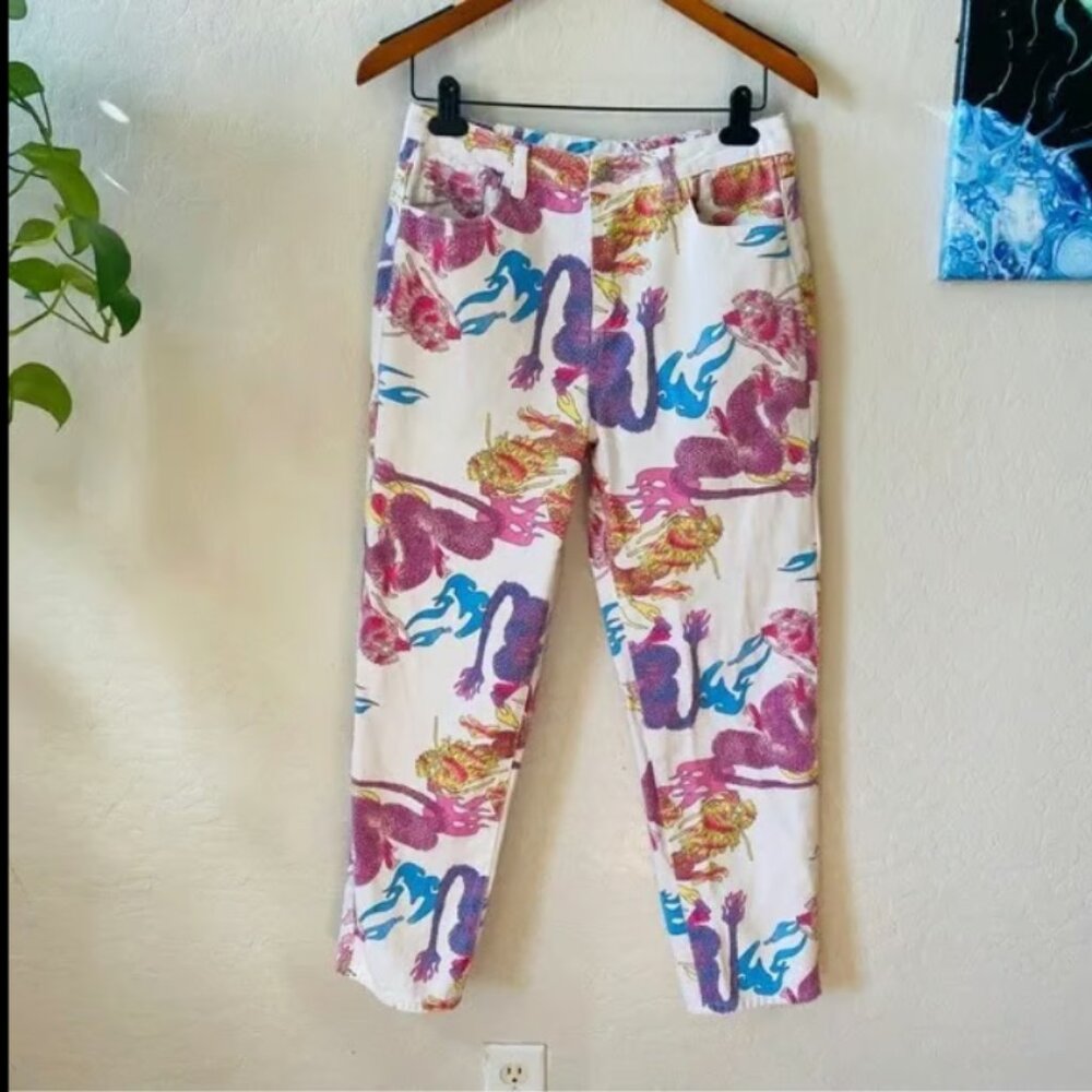 Shein Pastel Chinese Dragon White Denim Jeans
